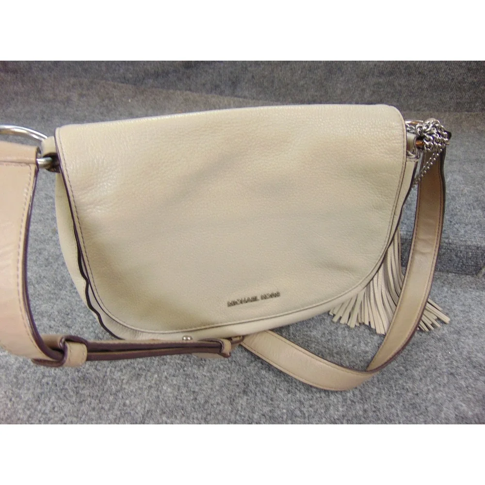 Michael Kors Bedford Flap Crossbody Bag Beige Pebbled Leather 30T6TE2M3L‎ Tassel